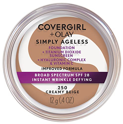 COVERGIRL Simply Ageless Instant Wrinkle Defying Foundation, SPF 28, Hyaluronic Complex & Vitamin C - 250 Creamy Beige, Pack of 1