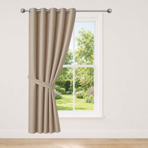 AMEHA Blackout Curtains for Bedroom Eyelet Beige Curtains, 64”x84” 1 Panel | Blackout Ring Top Curtain for Living Room Curtains 84” Drop, Sun Protection, Privacy Door Curtain 1 Panel with a Tieback