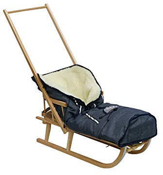 Holzschlitten für Kinder mit Rückenlehne Rodelschlitten Davoser Schlitten aus Holz mit einem Sicherheitsgurt Rückenlehne Pusher Winterfußsack