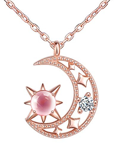 Unendlich U Damen kette Halskette 925 Sterling Silber Zirkonia Rosa Sterne Hängen am Mond Anhänger Allergenfrei Verstellbare Kette,Rosegold