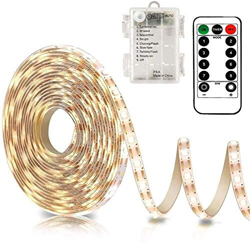 CCILAND 3m Battery LED Strip Lights with Remote Control, 90 LED Lights Strip Waterproof, 8 Modes, Dimmable, Timer, Self-Adhesive, Cuttable for Bedroom Mirror Kitchen Cabinet Patio Decor (Warm White)