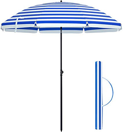 SONGMICS Parasol de Plage 2 m, Ombrelle de Jardin, Protection UPF 50plus, inclinable, Portable, résistant au Vent, Baleines en Fibre de Verre, avec Sac, Rayures Bleues et Blanches GPU65WU