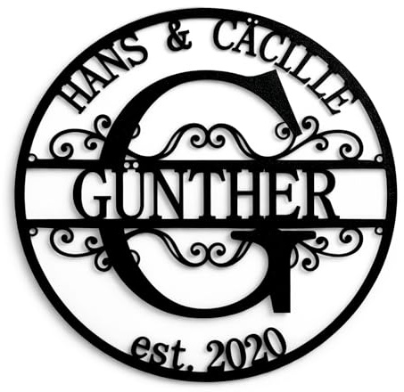Personalisierte Schilder aus Metall, Familiennamen, 2 Vornamen, Nachname, Initial, Custom Monogramm, Hochzeitsgeschenk, Wanddekoration, Geschenk für Ehepaare, Brauchjahr, Haustürschild, Design 1