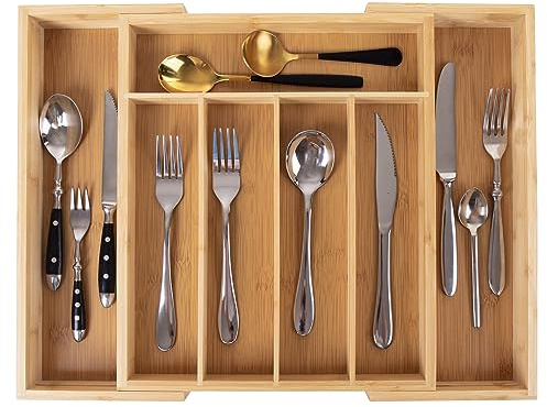 Vencier Cutlery Tray for Drawer - Bamboo Adjustable Cutlery Organiser Tray - Bamboo Cutlery Tray 5 to 7 Compartments (Natural)