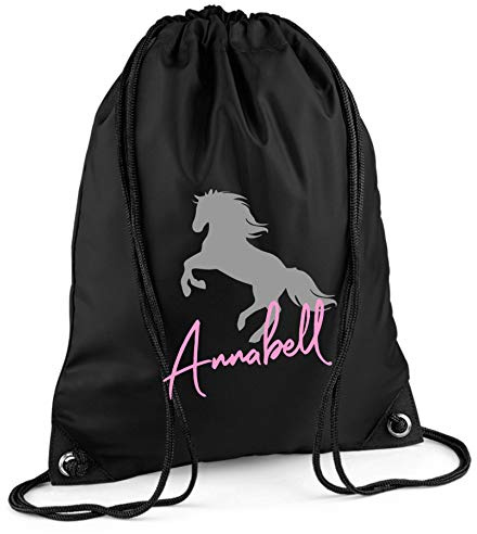 Turnbeutel mit Namen | Motiv aufsteigendes Pferd inkl. Namensdruck | Personalisieren & Bedrucken | Sportbeutel Schuhbeutel für Mädchen (schwarz)