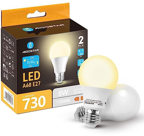 Aigostar Lampadina LED Sensore Crepuscolare, E27 Lampadina Con Sensore, 8W Luce Calda 3000 Kelvin, 730 lumen, per Veranda Giardino Porta d'ingresso Corridoio. Pacco da 2 unità.