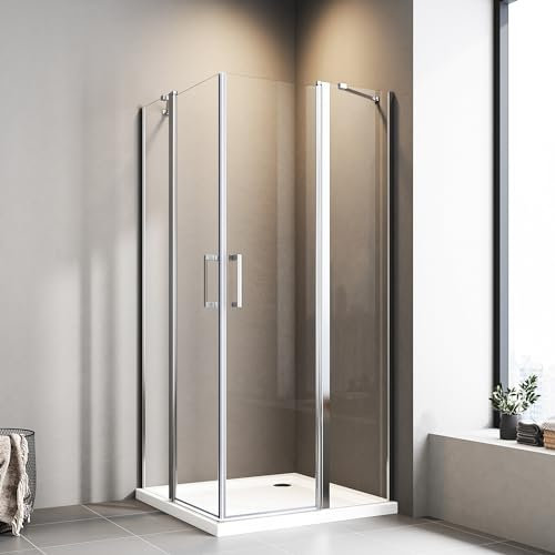Duschkabine 90x90cm Eckeinstieg Doppel Pendeltüren 6mm NANO Beschichtung ESG Glas Drehtür Duschabtrennung Dusche Duschwand mit 2 Stabilisierungsstange Höhe 185cm ohne Duschtasse