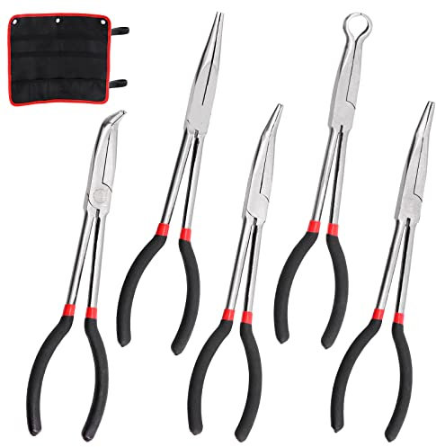 Keadic Set di 5 pinze a becco lungo 27,9 cm, con custodia, tra cui dritte, 25 gradi, 45 gradi, angolo di 90 gradi e pinze circolari a lunga portata per riparazioni auto, creazione di gioielli