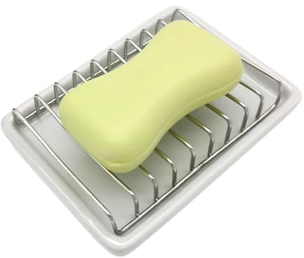 Bolagar Ceramic Soap Dish with Stainless Steel Drain Tray Self Draining Soap Holder Sponge Holder Soap Dishes for Shower, Bathroom, Kitchen Sink