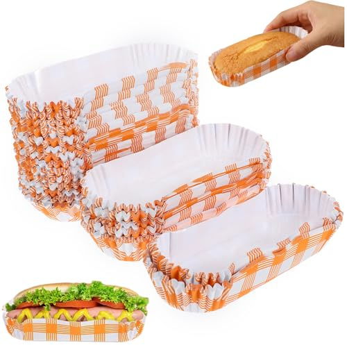 jojofuny 200 Pcs Disposable Paper Food Serving Trays - Boat Shaped Hot Dog Tray for Afternoon Tea & Garden Parties - Greaseproof Baking Liners for Sandwiches, Snacks & Desserts - Orange Stripe