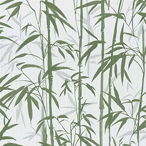 Générique Papier peint motif bambou blanc & vert moderne | Tapisserie tropical motif feuille verte | Papier peint intissé style japonais pour salle de bain