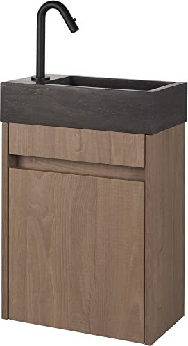 Saqu Florence Gäste WC Waschbecken mit Unterschrank Vormontiert - in Braun mit Naturstein-Waschbecken und schwarzer Armatur Links - Kleines Gäste WC Bad Möbel mit Waschtisch