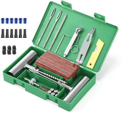 SHYOSUCCE kit de réparation de pneus, 71 pièces kit de réparation de pneus Heavy Duty Flat kit de réparation avec testeur de Pression des pneus et Gants pour Voiture, Moto, VTT, Jeep, Camion