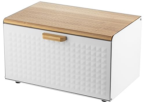 FLORINA Brotkasten inkl. 3-er-Set Aufbewahrungsdosen CUBE I Brotbox aus Stahl und Bambus-Deckel I Geräumiger und moderner Brotbehälter I 3 Vorratsdosen für Kaffee Tee Zucker I Farbe: Weiß