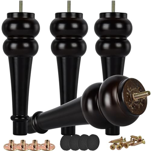 Btowin Pieds de meubles en bois massif de 24 cm, 4 grands pieds de chignon en bois de noyer tourné, boulon de suspension fileté M8, plaque de montage et vis, canapé, ottoman, meuble TV, lit