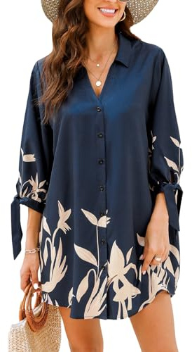 CUPSHE Vestido de mujer con escote en V, manga larga, suelto, vestido de verano, vestidos casuales, bikini cover up, vestido tipo camisa, M