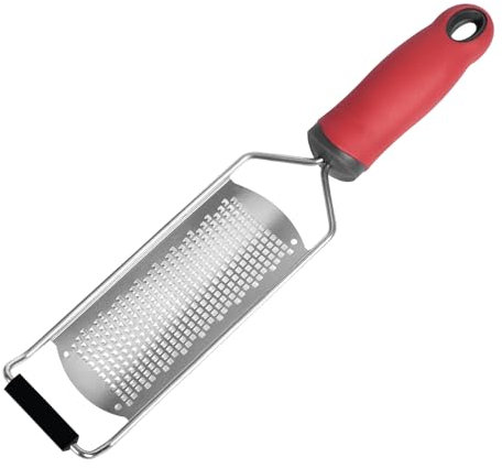 Rallador de queso de cocina, 31 cm de largo, rallador de limón, mango TPR de acero inoxidable, rallador fino parmesano para patatas, calabacines, zanahorias, manzanas, repollo y queso blando (rojo)