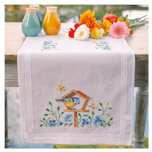 VERVACO Kit Centrotavola Ricamo Prestampato CASE DI UCCELLI Set Ricamo Biancheria Da Tavola 40 x 100 cm Set Fai Da Te Creativo Size Kit Hobby Creativi Adulti Casa Decor Embroidery Embroidery Runner