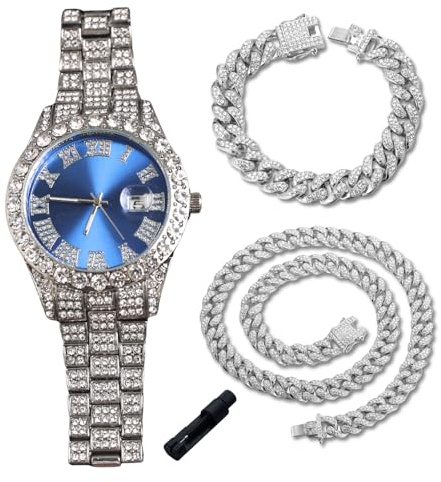 Genkigold Diamantklocka för tonårspojkar - rund urtavla 42 mm romerska siffror i 3 färger - guldpläterad 18K/platina-armband 20 cm - justeringsverktyg ingår, kan kombineras med kubansk kedja