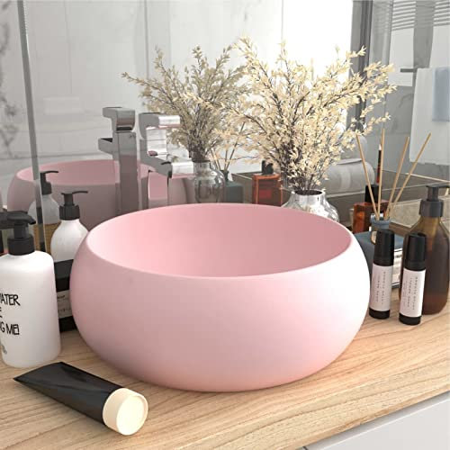 LAPOOH Luxuriöses Waschbecken, Aufsatzwaschbecken, Waschtisch, Aufsatzwaschtisch, Badmöbel, Wash Basin, Bathroom Sink, Rund Matt Rosa 40x15 cm Keramik