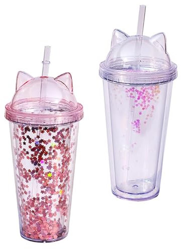 Yaoliucp Bouteille d'eau à paillettes, bouteille d'eau avec paille paillette d'eau à double couche tasse d'eau à eau à double couche avec oreille de chat pour fille cadeau 2 pcs transparent