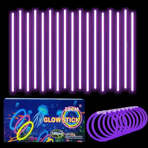 100 Barras Luminosas, Pulseras Fluorescentes y 100 Conectores, Neon Kits para Crear Collares Accesorios, Morado Varillas Brillantes para, Fiesta, Nochevieja, Navidad, Boda, Cumpleaños, Halloween