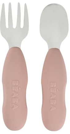 BÉABA, Set Di 2 Posate In Acciaio Inox E Silicone, Posate Per Bambini, Dai 10 Mesi, Forma Ergonomica, Manico Ergonomico, Posate Per L'Apprendimento, Zucchero Filato