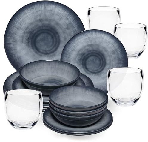 Melamin Geschirr Set Jesolo Grau für 4 Personen - 16 Teile - mit klarem Trinkglas 400ml - aus Acryl Steingutoptik Spülmaschinengeeignet Campingzubehör Campinggeschirr Wohnwagen Camping Festival