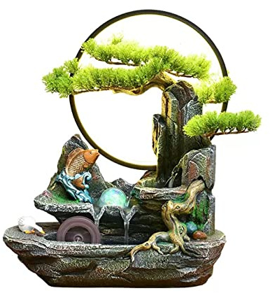 FAJNUZI2024 Fontana Tavolo Fontana da Tavolo Cascata in Pietra di Montagna in Resina con luci a LED Rotonde e Alberi Finti Decorazione for casa e Ufficio Lampada da Tavolo Piccola Fontana Interni