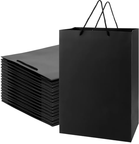 MIVIDE 16 Stück Geschenktüte Groß Schwarz mit Griff, 30 x 10 x 40 cm/250 g Papier Geschenktaschen Schwarz, Schwarze Geschenktüten für Hochzeits, Weihnachten, Partyfeiern, Geschenke