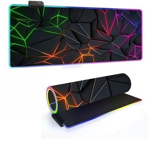 Mateju RGB Mousepad, Festkörpergeometrie rutschfeste Gummibasis Mauspad, Mousepad XXL/XL/L 14 Beleuchtungs Modi 7 LED Farben, Gaming Mauspad mit Vernähte Kanten (Bunt 3,900x400x4mm)