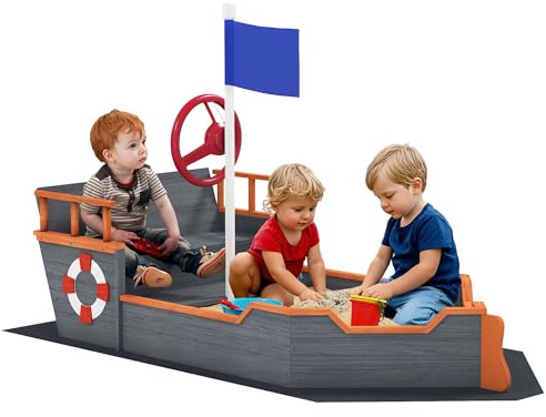 Outsunny Wooden Kids Sandbox, Ship-Shape Outdoor Sandboat with Bench Seats, Storage, Non-Woven Fabric Cloth for Backyard, Lawn, Dark Gray