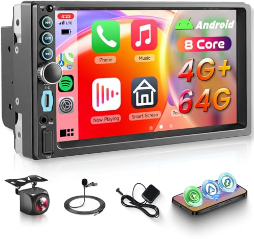 8 Core 4G+64G 5GWifi Android Double Din Car Stereo Radio,Hodozzy 7 inch 1280P Touchscreen Car Radio with DSP Wireless Carplay Android Auto BT5.2 GPS Navigation FM/RDS Mirrorlink SWC Backup Camera