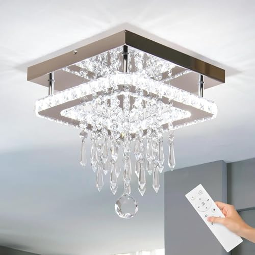 FRIXCHUR Crystal Chandeliers Ceiling Light Square LED Crystal Ceiling Lights Modern Flush Mount Chandelier for Bedroom Kitchen Dining Room Hallway Living Room (Dimming)