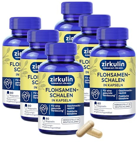 Zirkulin Flohsamenschalen (6x 80 Kapseln) - fördert die Verdauung & Darmgesundheit - Geschmacksneutral - Unterstützen eine ballaststoffreiche & gesunde Ernährung - Sehr gut Quellfähig