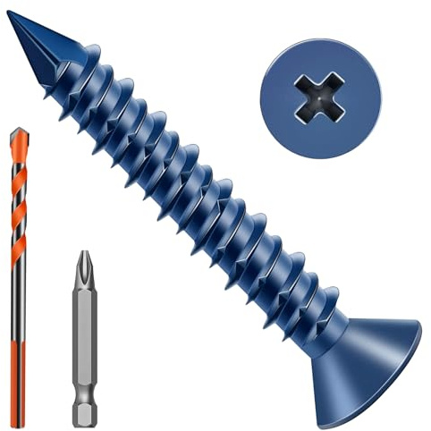 Zynthor 6.5 x 45mm Concrete Screws, 50 Pcs Blue Flat Head Concrete Screws Anchor Kit with Drill Bit and Screwdriver Bit, for Masonry, Cement, Block, Brick or Stucco