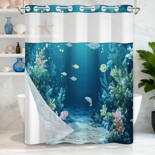 No Hook Ocean Underwater World Shower Curtain with Liner, Waterproof Washable Fabric Shower Curtain Set, Under The Sea Tropical Fishes Animals Bathroom Curtains with Top Sheer Window, 71x74 Inch