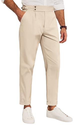Runcati Mens Chinos Cotton Pants Slim Fit Pleated Front Dress Pants Casual Stretchy Tapered Trousers Apricot