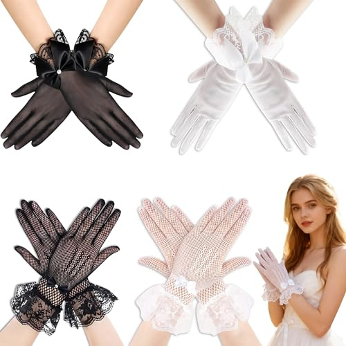 YinnFeen 4 Pares Guantes de Encaje, Guantes de Encaje para Mujer Blanco y Negro, Guantes Elegantes de Encaje Lace Gloves con Lazo para Boda Halloween Ópera Disfraz Tea Party