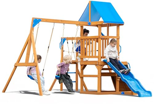 Dolphin Playground Kids Swing Sets for Backyard, Cedar Outdoor Playset with Wave Slide, Plank Bridge with Rope Mesh, Chalkboard Panel, Stool, Climbing Wall, 2 Swings, Outside Playground for Ages 3-10