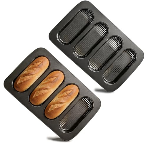 GYJZZW Paquete de 2 moldes para hornear baguette de 4 cavidades, acero al carbono, molde para pan de perro caliente, molde perforado para hornear corteza crujiente (2 piezas)