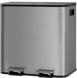Garvee Cubo de Basura Doble de Acero Inoxidable con Pedal 2x15L – Cierre Suave y Silencioso para Cocinas Pequeñas Reciclaje, Gris