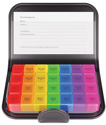 JFA Medical Weekly Small Travel Pill Box Organiser/Reminder for Medicines Supplements, Vitamins, 7days, 4 compartments per Day – Morning, Noon, Evening and Bed.