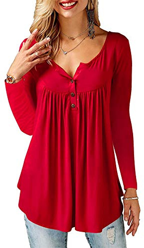 Amoretu Langarmshirt Damen V Ausschnitt Oberteil Knopfleiste Bluse Tunika Longshirt Burgund L