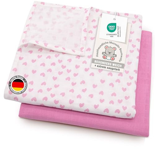 ZOLLNER 2er Set Musselin Spucktücher in 120x120 cm aus Baumwolle - weiche und hautfreundliche Mulltücher in rosa - mit Geschenkbox - waschbar bis 60°C - Oeko Tex® Zertifiziert