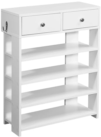 FineBuy Schuhregal 60x24x79 cm Weiß mit 2 Schubladen, 4 Fächer | Flurregal für 8 bis 12 Paar Schuhe, hohes Standregal mit Stauraum, Schuhablage für Flur und Diele