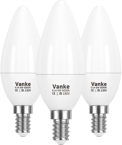 Vanke E14 LED Light Bulb, Cool White 6000K, 6W(40W Equivalent), Pack of 3 | 470 Lumen, SES Candle Bulb, Small Edison Screw Light Bulbs, Non-Dimmable
