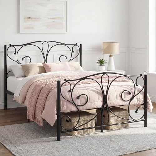 Panana Metal Double Bed Frame, 4FT6 Metal Bed Base with Strong Metal Slats, Metal Bed With Crystal Finials for Adults and Kids (Black)