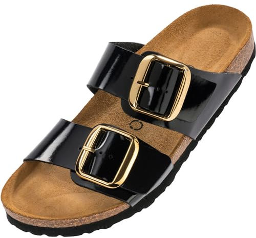 Palado Pantoletten Damen Samos GS - bequeme Sandalen Made in Spain - Hausschuhe mit dämpfendem Kork-Fußbett - modische Sommerschuhe Lack Schwarz UK5,5 - EU38