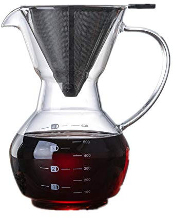 Jjoer Cafetera Filtro Cristal A Prueba De Calor del Café por Goteo El Pote Cafetera De Goteo Cafetera con Filtro De Acero Inoxidable Sin Papel para Comidas Familiares 600ml